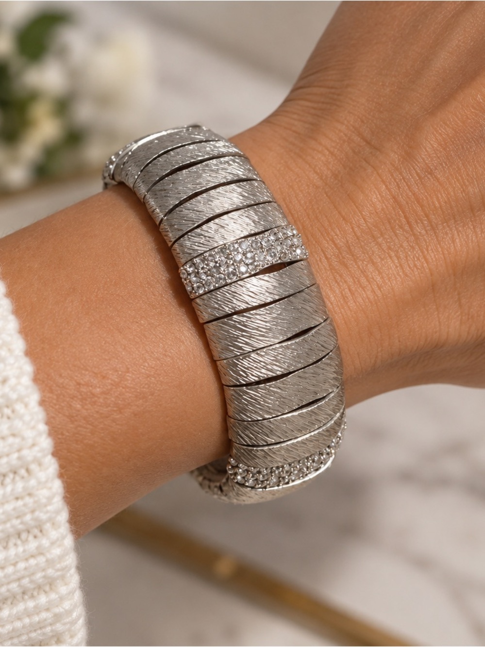 Silver Tone Textured Wide Cuff Bracelet Clear Crystal Magnetic Closure